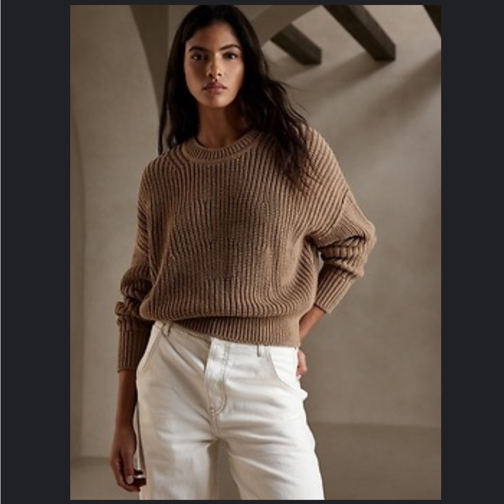 Banana Republic Tiernan Relaxed Chunky Cotton Cropped Sweater Iced Latte Beige